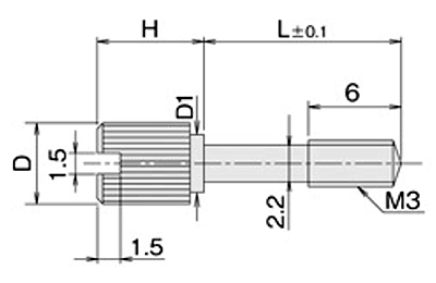 黄銅 ローレットツマミビス(スリ割 段付 胴細) / NB-BF (頭部 D6xH6)(ニッケルメッキ)の寸法図