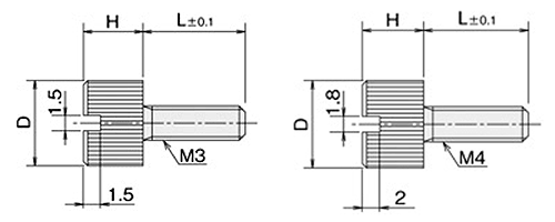 黄銅 ローレットツマミビス(スリ割付) / NB-MA (頭部 D8xH12)(ニッケルメッキ)の寸法図