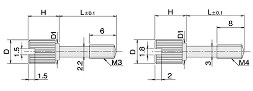 黄銅 ローレットツマミビス(スリ割 段付 胴細) / NB-NF (頭部 D8xH15)(ニッケルメッキ)の寸法図