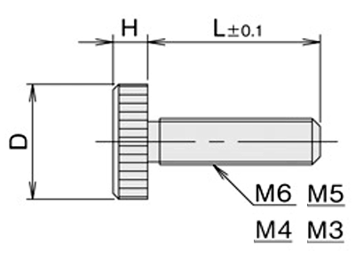 黄銅 ローレットツマミビス(低頭) / NB-OG (頭部 D10xH3)(ニッケルメッキ)の寸法図