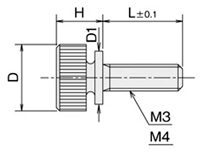 黄銅 ローレットツマミビス (ツバ付) / NB-PC (頭部 D10xH8)(ニッケルメッキ)の寸法図