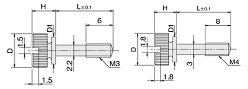 黄銅 ローレットツマミビス(スリ割 ツバ付 胴細) / NB-PE (頭部 D10xH8)(ニッケルメッキ)の寸法図