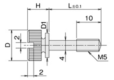 黄銅 ローレットツマミビス(スリ割 ツバ付 胴細) / NB-GE (頭部 D10xH9)(ニッケルメッキ)の寸法図