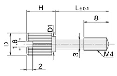 黄銅 ローレットツマミビス(スリ割 段付 胴細) / NB-QF (頭部 D10xH8)(ニッケルメッキ)の寸法図