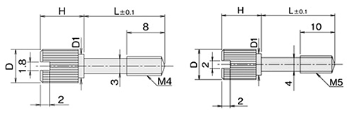 黄銅 ローレットツマミビス(スリ割 段付 胴細) / NB-RF (頭部 D10xH10)(ニッケルメッキ)の寸法図