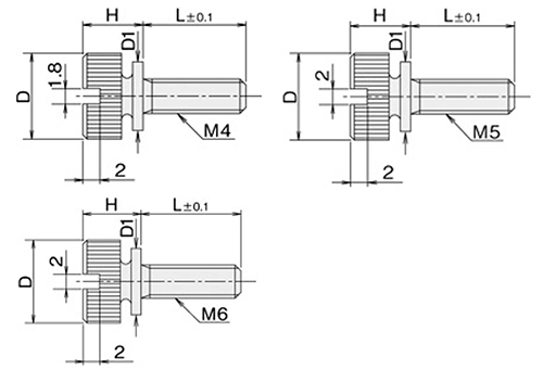 黄銅 ローレットツマミビス(スリ割 ツバ付) / NB-VB (頭部 D12xH9)(ニッケルメッキ)の寸法図