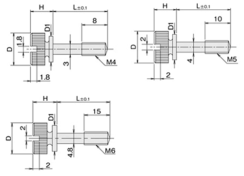 黄銅 ローレットツマミビス(スリ割 ツバ付 胴細) / NB-VE (頭部 D12xH9)(ニッケルメッキ)の寸法図