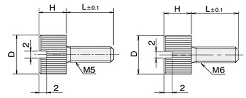 黄銅 ローレットツマミビス(スリ割付) / NB-WA (頭部 D12xH10)(ニッケルメッキ)の寸法図