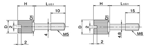 黄銅 ローレットツマミビス(スリ割 段付 胴細) / NB-XF (頭部 D12xH12)(ニッケルメッキ)の寸法図