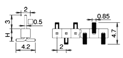 ナイロン製品 ピンヘッダー / PSM-21(T〇) ピン(角ピン)2.00mmピッチ SMTストレート(1列)(差込ピン長4mm)の寸法図
