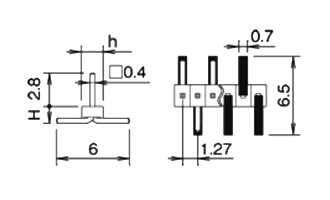 ナイロン製品 ピンヘッダー / PSM-71(T〇) ピン(角ピン)1.27mmピッチ SMT(1列) 段重ね固定型の寸法図