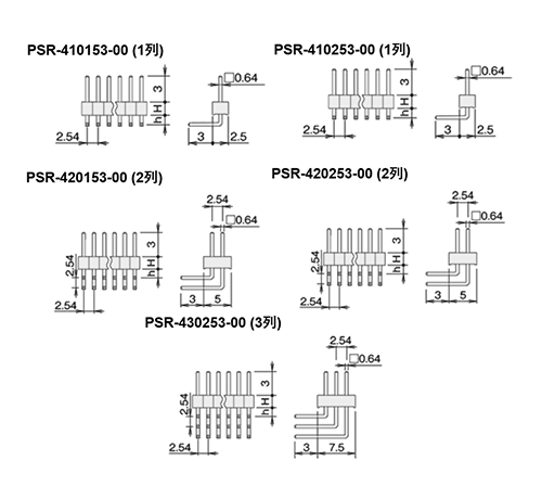 PBT製品 ピンヘッダー / PSR-40(T〇) ピン(角ピン)2.54mmピッチ ライトアングル(1列/2列/3列)の寸法図