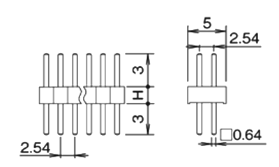 PBT製品 ピンヘッダー / PSS-42(T〇) ピン(角ピン)2.54mmピッチ ストレート(2列) 段重ね固定型/回路切替型の寸法図
