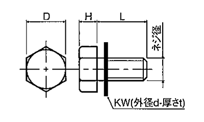 PVDF (樹脂製) 六角セムスボルト (PTFE座金付) PVBT-0000-T (白色不透明)の寸法図