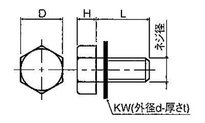 レニー(高強度ナイロン)六角セムスボルト (PTFE座金付) RYBT-0000-T (黄緑色)の寸法図