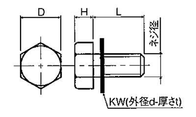 PTFE(樹脂製) 六角セムスボルト (PTFE座金付) TEBT-0000-T (白色不透明)の寸法図