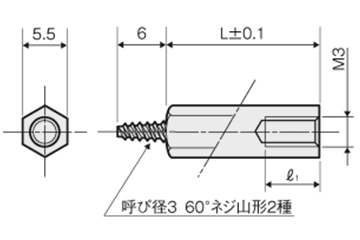 黄銅(カドミレス) タッピンスペーサー(六角) TSB-E (Niメッキ)の寸法図