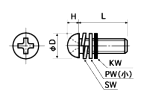 ステンレス(+) ナベ頭セムス小ねじ (バネ座 +平座(小)+66ナイロンワッシャー(KW)半透明 組込)(U-0000-S1N)の寸法図