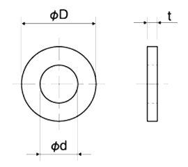 ステンレスSUS304 丸型平座金 (丸ワッシャー/フルサイズ)(UUW-BH)(黒色焼付け処理)(内径x外径-厚)の寸法図