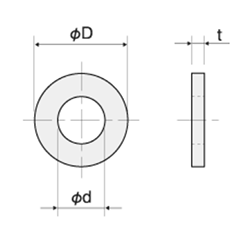 ステンレスSUS304 丸型平座金 (丸ワッシャー)(UW-0000-00)(内径x外径-厚)の寸法図