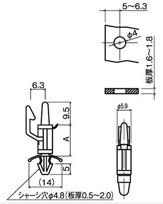 66ナイロン ワンタッチスペーサー / WN-I シャーシ・PC板用の寸法図
