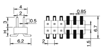 ナイロン製品 ピンヘッダー / PSM-22(T〇) ピン(角ピン)2.00mmピッチ SMTストレート(2列)(差込ピン長4mm)の寸法図