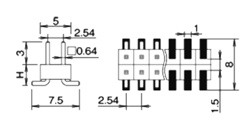 ナイロン製品 ピンヘッダー / PSM-42(T〇) ピン(角ピン)2.54mmピッチ SMTストレート(2列)の寸法図