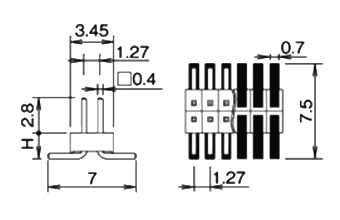 ナイロン製品 ピンヘッダー / PSM-72(T〇) ピン(角ピン)1.27mmピッチ SMT(2列) 段重ね固定型の寸法図