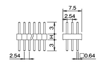 PBT ピンヘッダー PSS-43(T〇) ピン(角)2.54mmピッチ ストレート(3列) 段重ね固定型/回路切替型 ピン6.1mmの寸法図