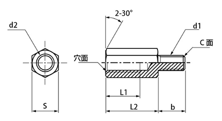 鉄ECO 異径六角支柱スペーサー(インチW・インチねじ用W)(ねじ違径変換用)の寸法図