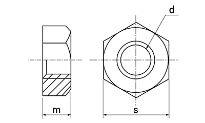 鉄 六角ナット 1種 左ねじ (切削品)の寸法図