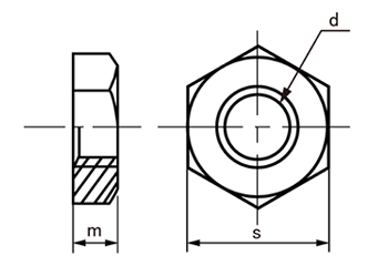 鉄 薄型六角ナット(ミリネジ)(片面取品)の寸法図