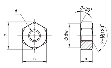 ステンレス 六角ナット(2種)(国産)(ミリネジ)(切削品)の寸法図