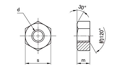 チタン 六角ナット(1種)(切削) (インチ・ウイット)の寸法図