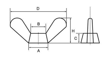 鉄 冷間蝶ナット(1種)(インチ・ウイット)の寸法図