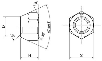 鉄 貫通ホイルナット (細目p＝1.5)の寸法図