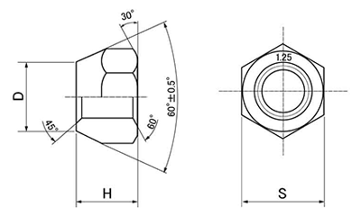 鉄 貫通ホイルナット (細目p＝1.25)の寸法図