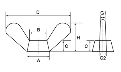 鉄 鍛造蝶ナット(1種)(ミリネジ)の寸法図
