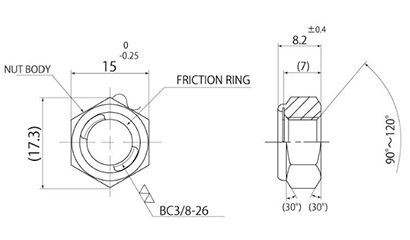 鉄 Uナット(BC・自転車規格 ハブナット)の寸法図