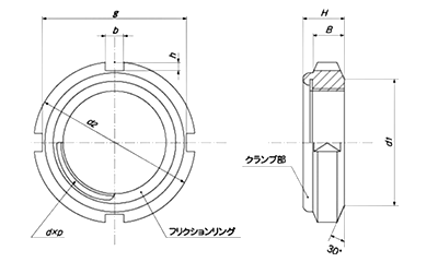 鉄 ファインUナット(左ねじ)(ベアリング用)の寸法図
