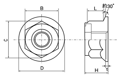 鉄 フランジ付ナイロンナット(セレート無し)の寸法図