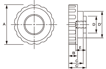 ノブナット 黒 ABS樹脂 Rタイプ 丸型 ねじ部黄銅の寸法図