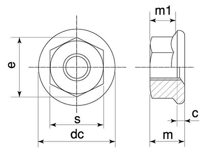 鉄 フランジナット セレート付 (ツバ径特大)の寸法図