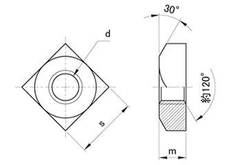 鉄 四角ナット(インチ・ウイット)の寸法図