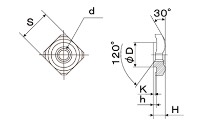 鉄 四角ウエルドナット(溶接)(パイロット付き)の寸法図