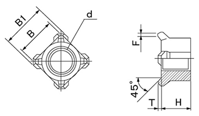 鉄 四角ウエルドナット(溶接) 1D形(パイロット無)(インチ・ウイット)の寸法図