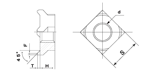 鉄 四角ウエルドナット(溶接) 1C形(パイロット無)の寸法図