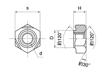 鉄 六角ウエルドナット(溶接) 1A形(パイロット付)(オーバータップ付き)(紀州ファスナー)の寸法図