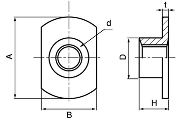 鉄 T型ウエルドナット(溶接)(2B)パイロット無 ダボ無の寸法図