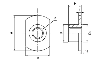 鉄 T型ウエルドナット(溶接)(2A)(JIS規格) パイロット付 ダボ無(細目)の寸法図
